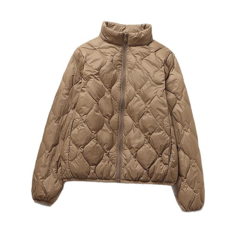 Thin and light hooded stand-up collar rhombus down jacket women's winter fashion warm white duck down casual top tide