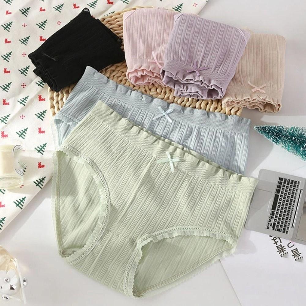 4Pcs Mid Waist Seamless Briefs Cotton Crotch Underwear for Women Fashion Lace Bowknot Panties  Lady