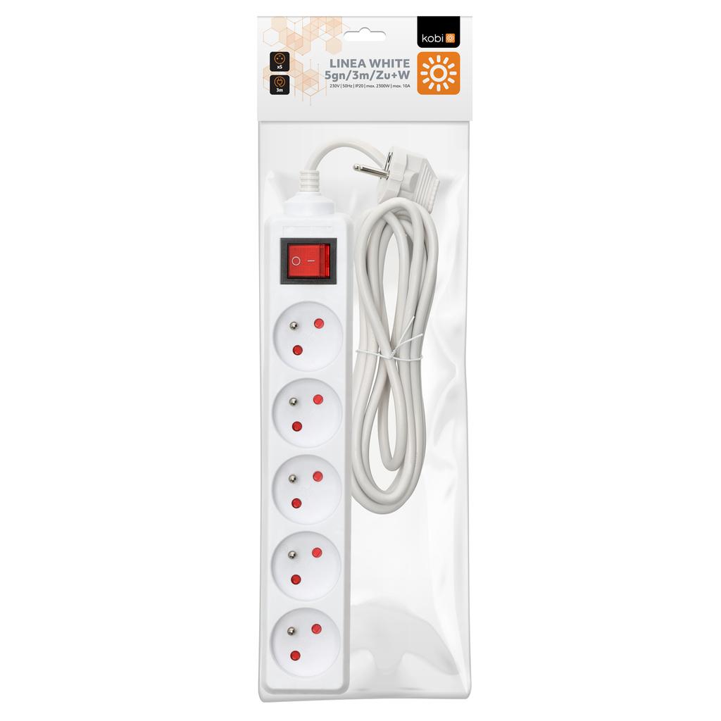 5-socket extension cord with grounding and switch, 3 , white