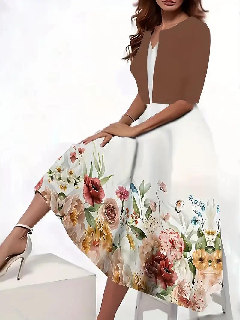 

Женское платье с цветочным принтом, кардиганом с коротким рукавом и дизайном с розовой розой XXL белый