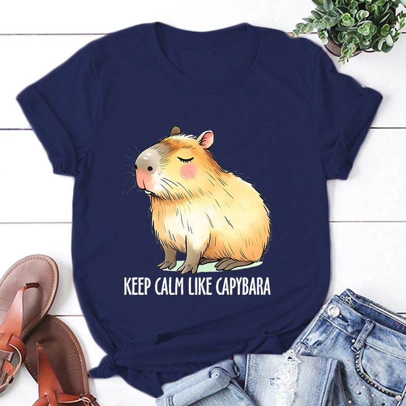 Keep Calm Like Capybara Printed T-Shirts For Women Summer Short Sleeve Tee Shirts Round Neck Casual Summer Unisex Tops