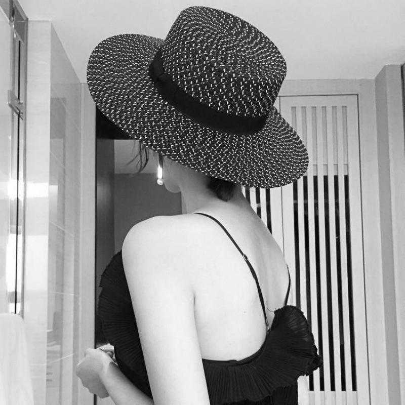 Internet Celebrity Black and White Mixed Color Big Brim Straw Hat Summer Sunshade Bow Beach Hat Children British Flat Top Hat