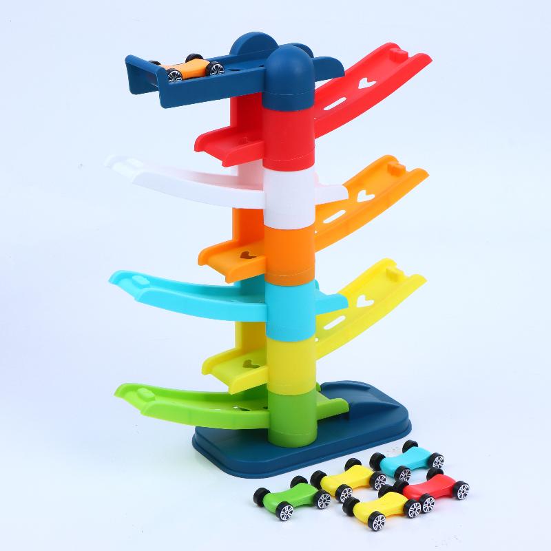 Toddler Car Sliding Ramp Toy with Mini Cartoon Cars Multi Layer Tracks BPA Free Smooth Surface Play Set for 1-3 Year Old Baby Boys Girls