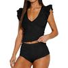 Damen ärmelloses Strick-Westen-Top und Shorts Set V-Ausschnitt Rüschen-Schulterdetail Lässiges zweiteiliges Outfit Sommerkleidung