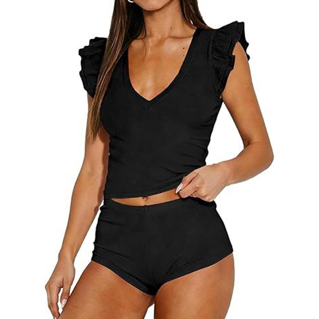 Damen ärmelloses Strick-Westen-Top und Shorts Set V-Ausschnitt Rüschen-Schulterdetail Lässiges zweiteiliges Outfit Sommerkleidung