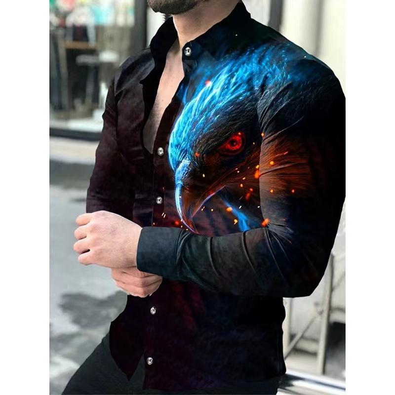Fashionable Men's Top Shirt Button Lapel Lion Tiger Eagle Animal HD Pattern Soft and Comfortable Material Style