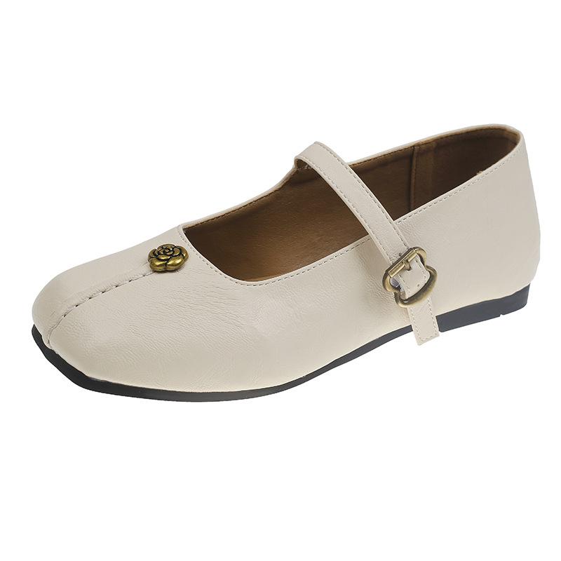 2025 Spring New Metal Flower Word with Mary Jane Shoes Women's Retro Commuting Thick Square Head Medium Heel Shallow Mouth Single Shoes