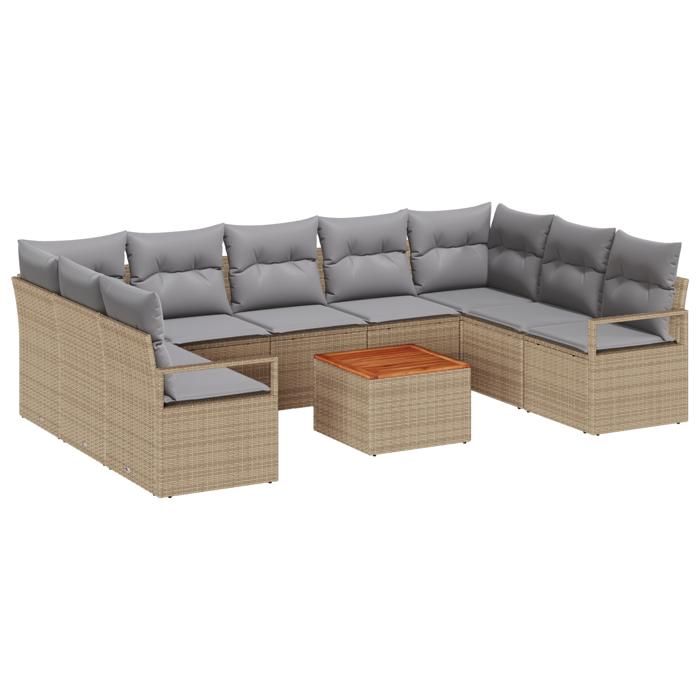 Ensemble de Canapés de Jardin vidaXL de 10 Pièces avec Coussins Beige Poly Rattan Acacia, Canapé de Jardin 2 Places vidaXL 3356418