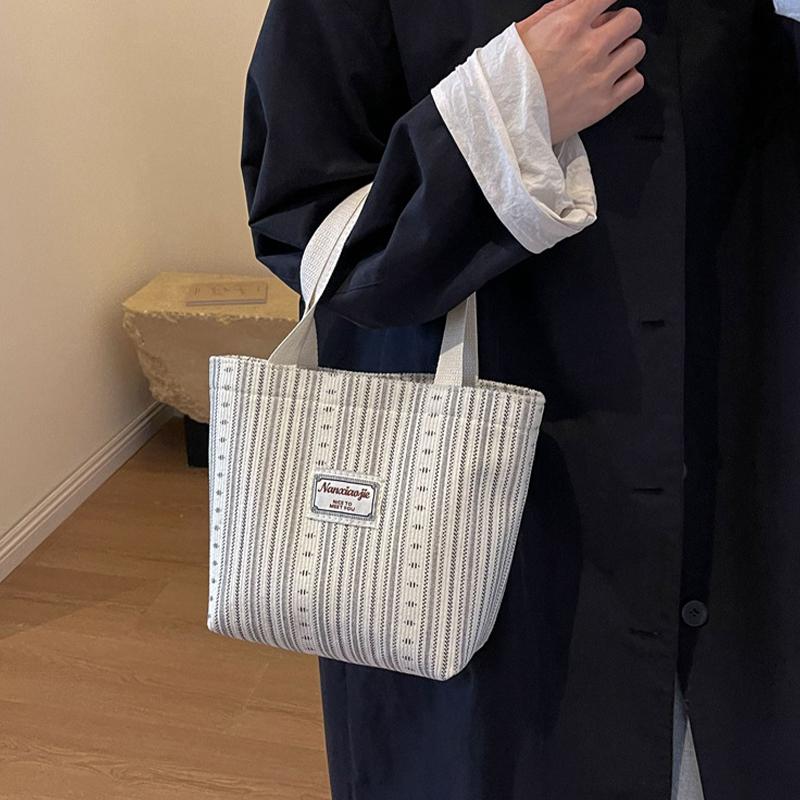 Ins Canvas Bag Women'S  Korean Style Casual Striped Handbag Large Capacity Class Commuting Shoulder Bag