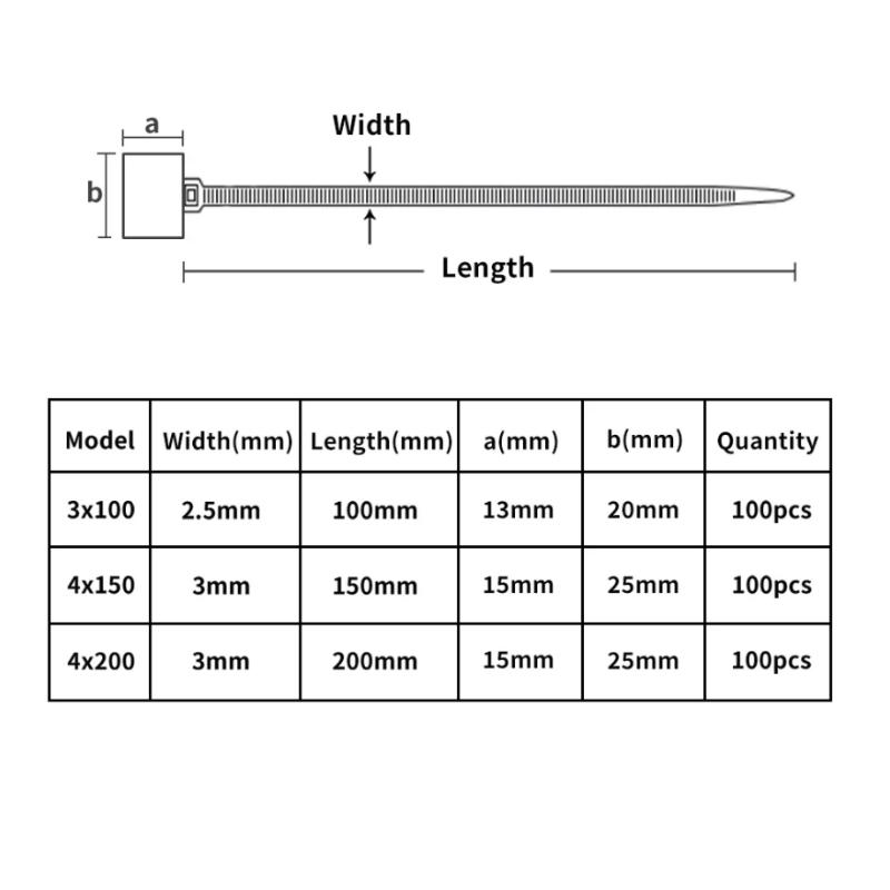 50Pcs Nylon Tie Tags Self-Locking Network Cable Zip Trim Wrap Loop Wire Straps Label 3*100mm 4*150mm 4*200mm