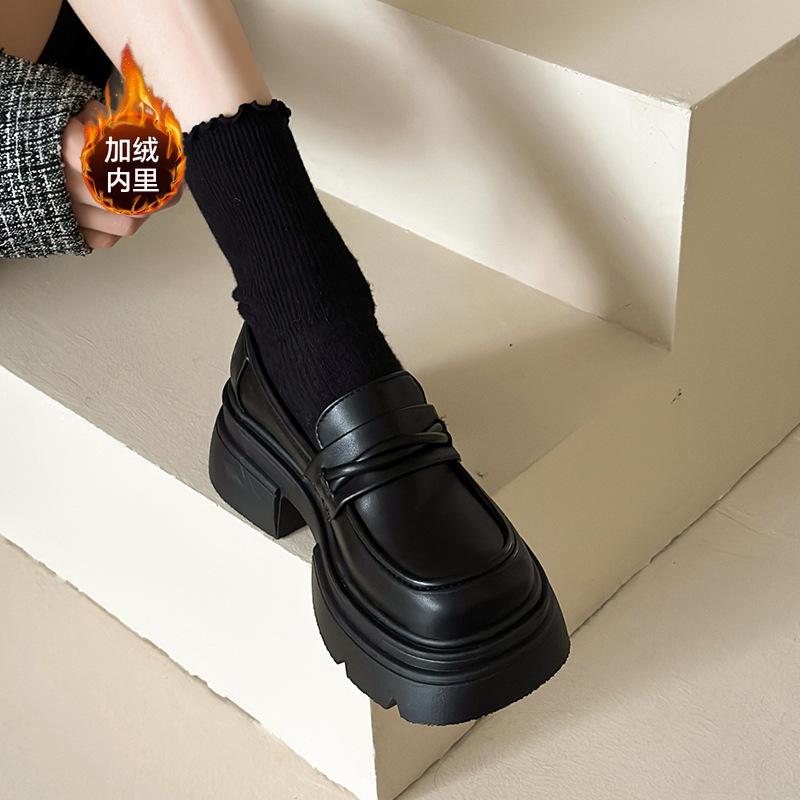Platform loafers women's shoes 2026 new popular heightening women's shoes British style small leather shoes women's black single shoes