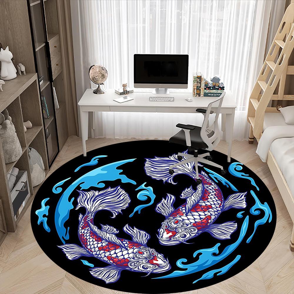 1pc Koi Fish Design Chair Carpet for Office, Round Non Slip Durable Large Size Office Carpet, Suitable for Office