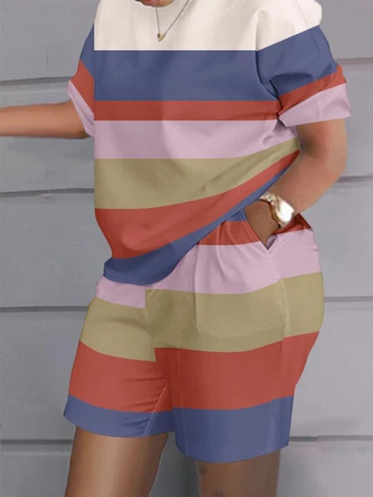 Casual Top & Shorts Set Sets Casual Short Sleeve Tshirt Outfit Women Summer Gradient 3D Print Pocket Short Sets Suit Female T Shirt Shorts