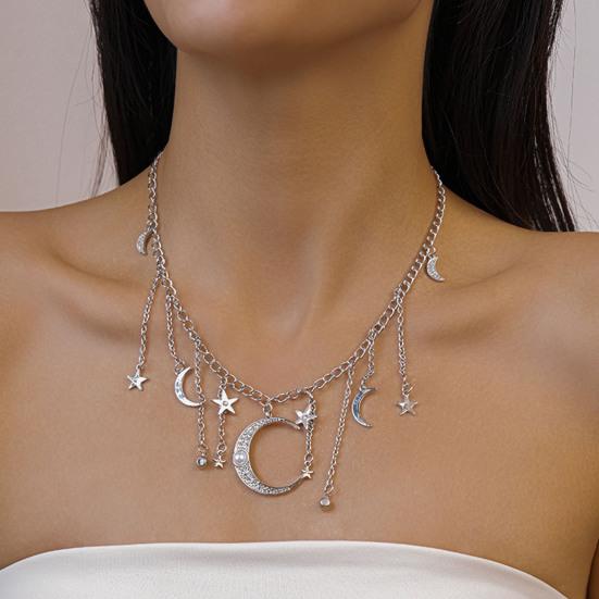 Star Moon Charms Necklace Boho Tassel Chain Choker Rhinestone Crescent Pentagram Fringe Charm Necklace for Women Dates Parties Jewelry