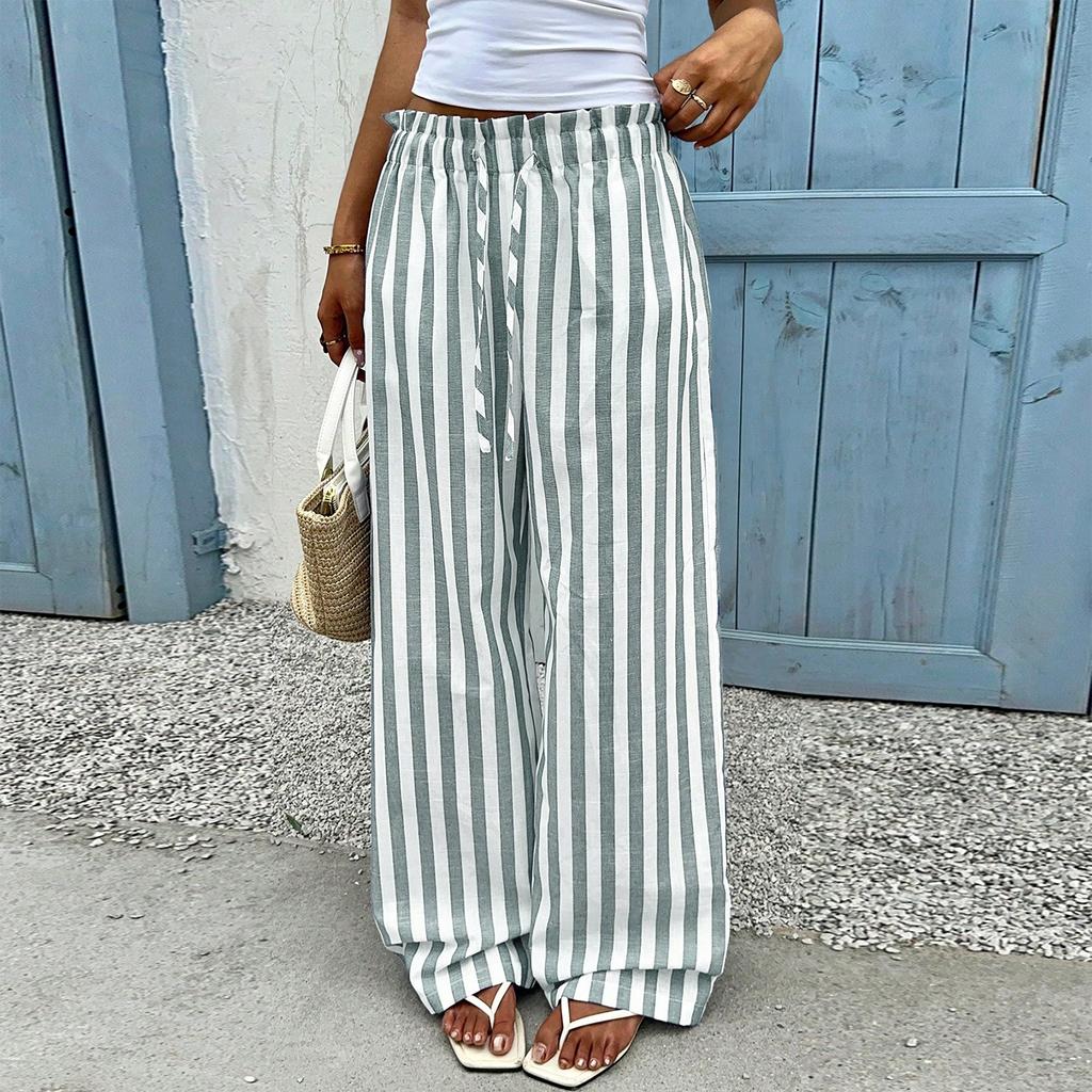 Pantaloni Casual da Donna a Gamba Dritta a Righe, Vestibilità Larga, con Coulisse in Vita per un Comfort Rilassato Quotidiano