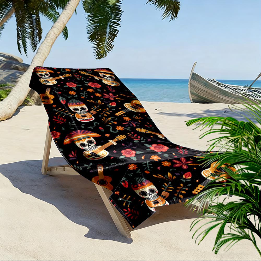 Tag der Toten Schädel Gitarre Blumendekor Strandtuch schnelltrocknend für Reisen Outdoor-Sport Joggen Strand und Schwimmen