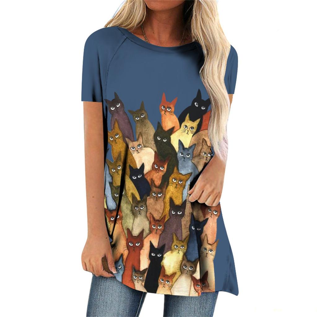 Women's Fashion Casual Short Sleeve Prints Round Neck Pullover Top Blouse