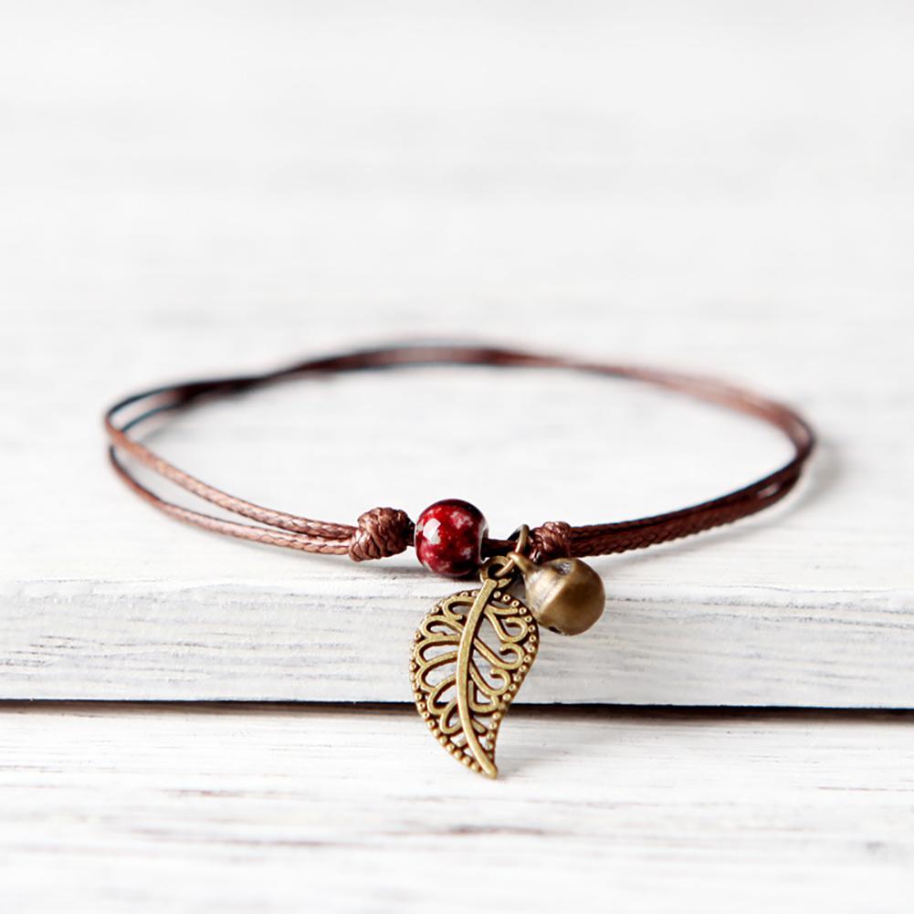 Ceramic Beaded Bracelet Bangle Rope Chain Vintage Leaf Pendant Couple Jewelry