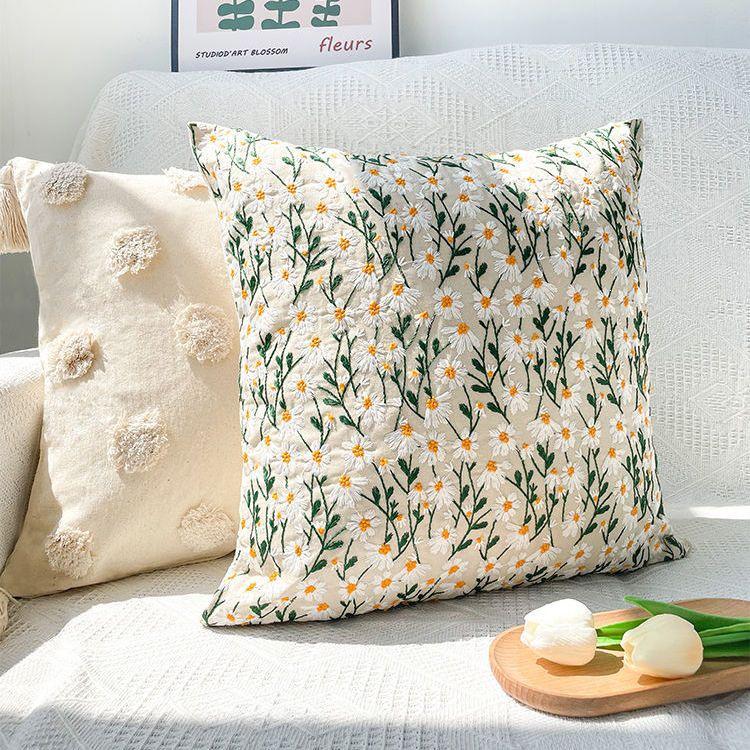 Embroidered Daisy Floral Cushion Cover, Pastoral Style, Removable & Washable for Homestay or Bay Window Decor.