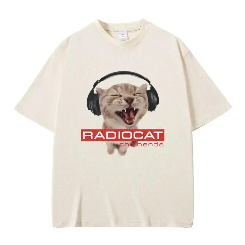 British Rock Band Radiohead Fun Cat Love Rock Print Pattern T-shirt Fashionable Round Neck Short Sleeved Street Breathable Top