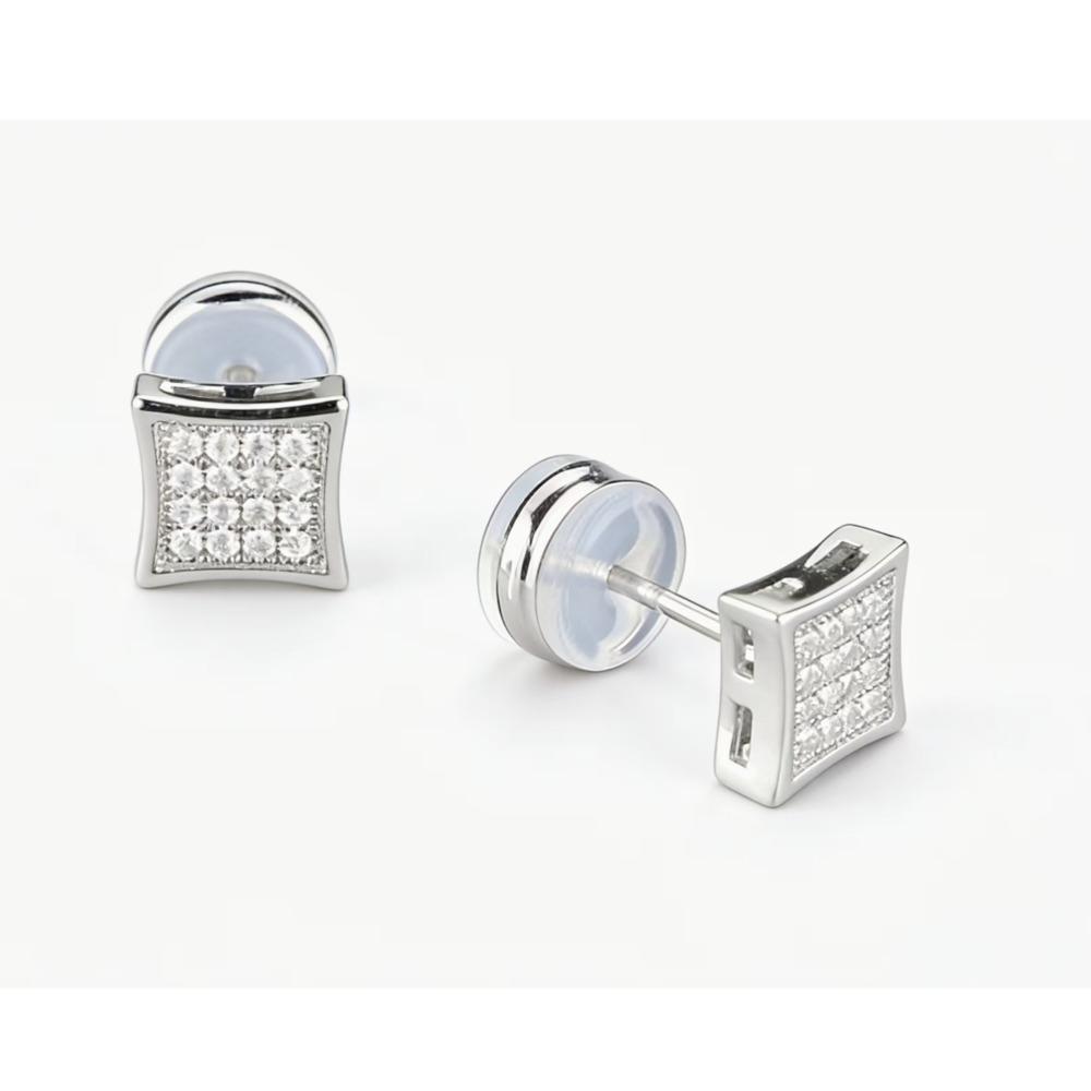 Curved Square Iced Out Moissanite Stud Earrings Copper Hip Hop Jewelry For Men Women 1.05mm белый