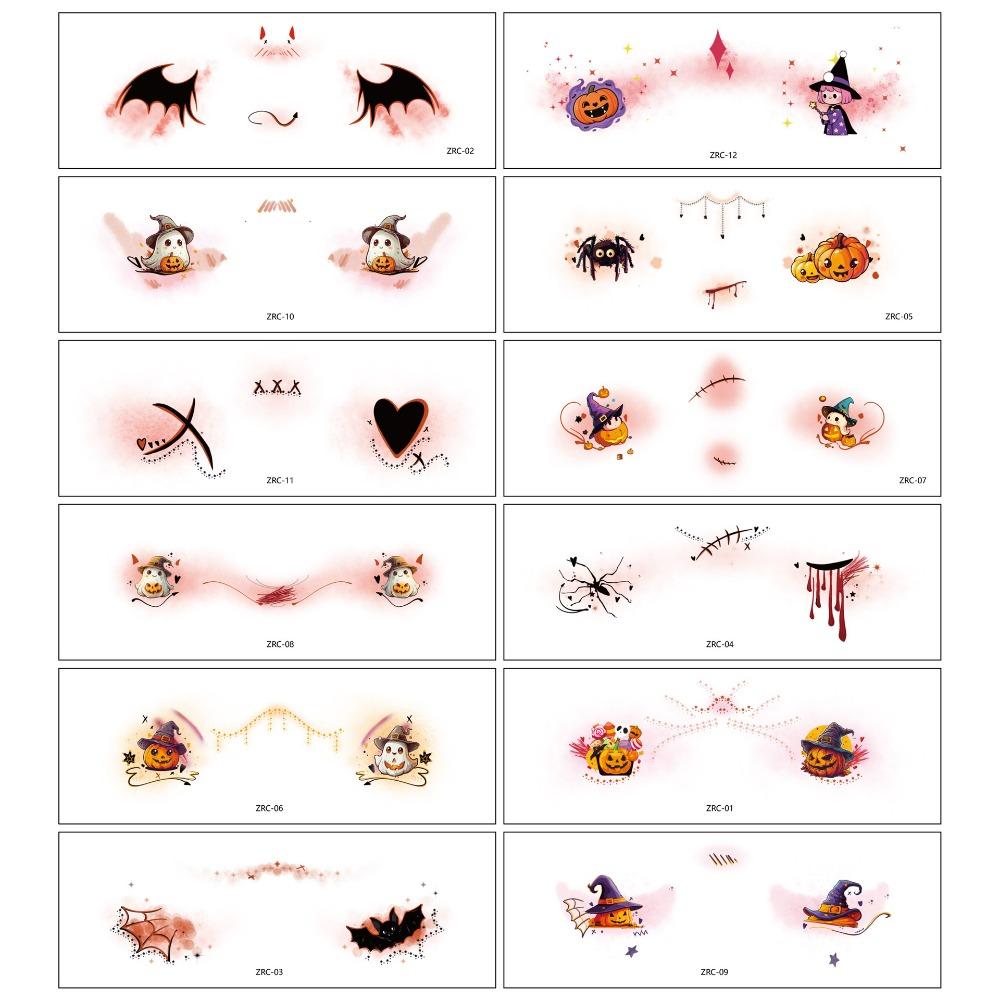 12pcs Waterproof Halloween Face Tattoo Portable Halloween Bat Face Stickers  Enhance Atmosphere