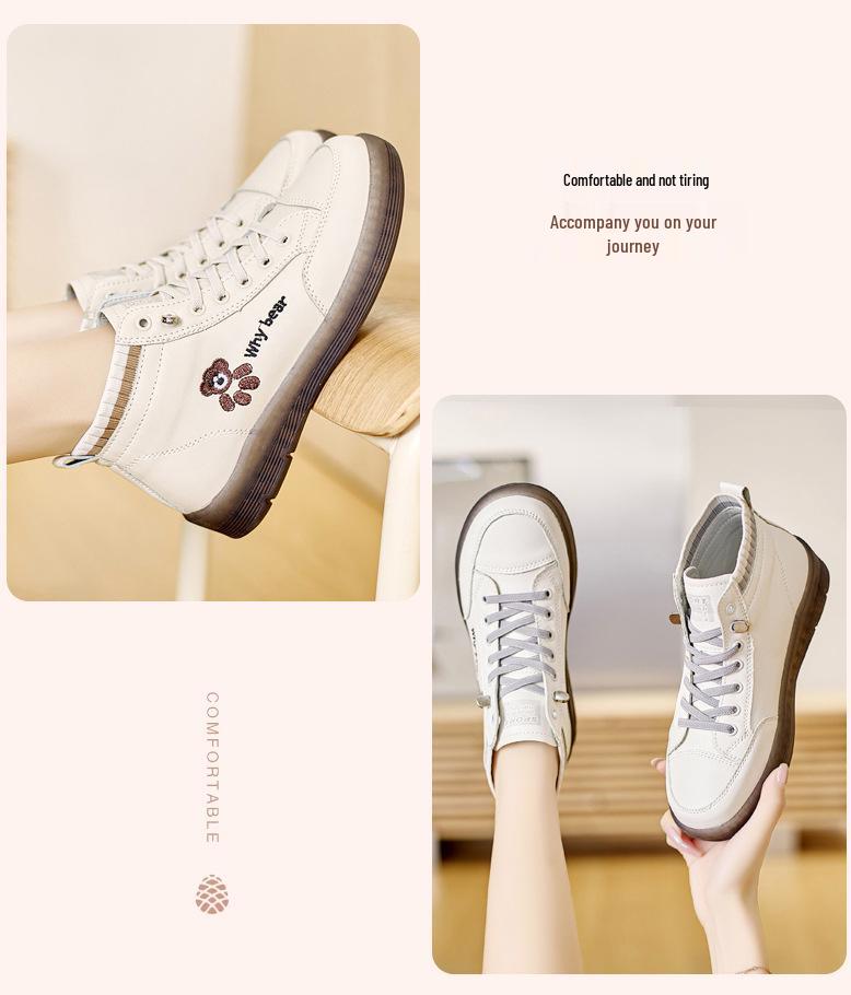 Genuine Leather High-Top Bear Pattern Ankle Boots - Non-Slip, Flat, White, Casual Fashion for Autumn and Winter.