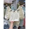 Women's Cream Puff Sleeve Blouse Square Neck Bow Detail Loose Casual Top