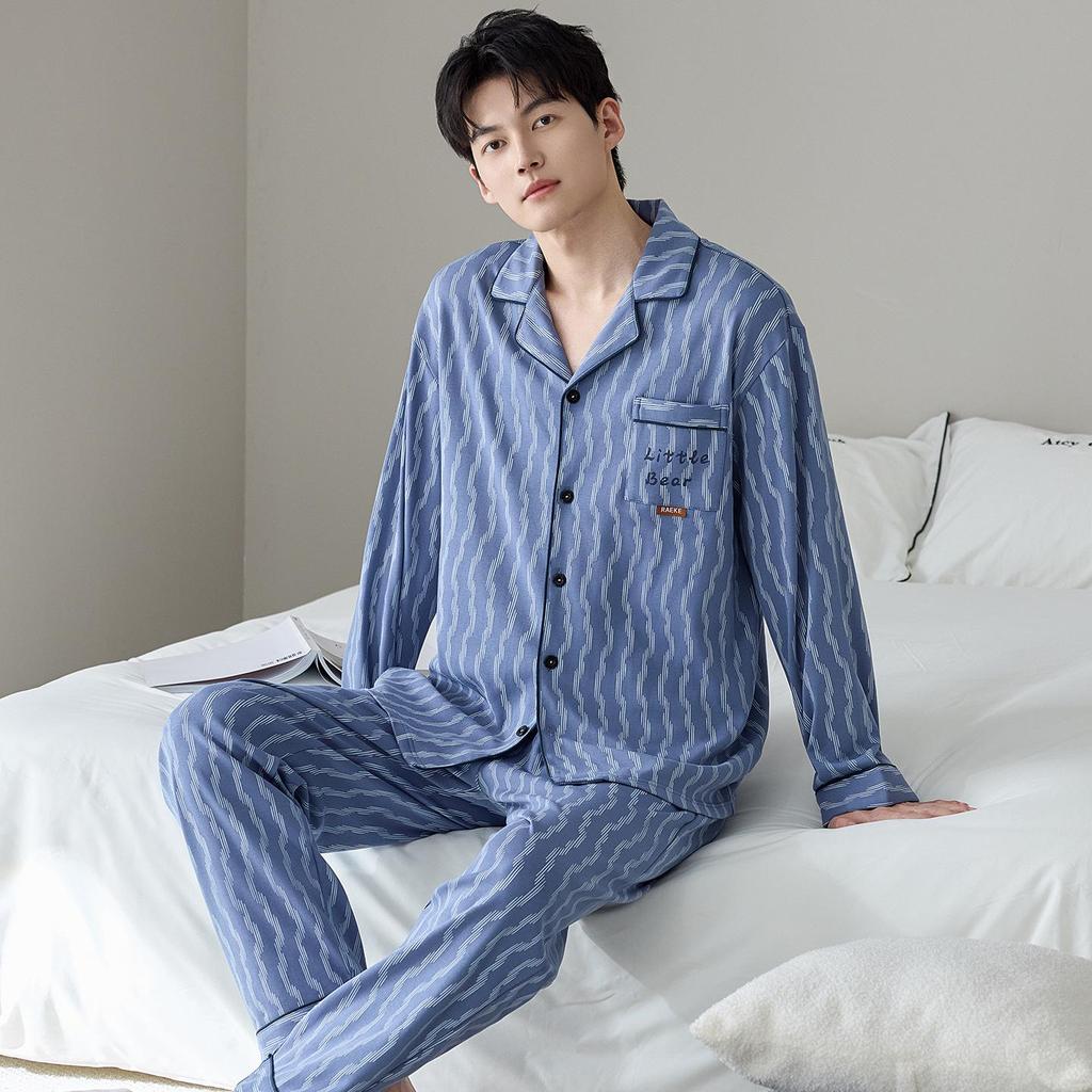 Men's 100% Cotton Striped Long Sleeve Pajamas - Trendy Korean Style for Spring