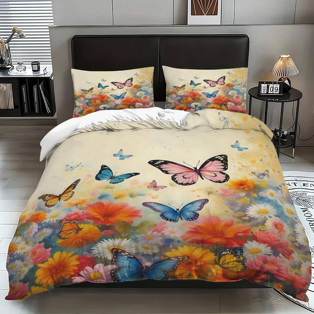 3-teiliges Bettwäscheset ohne Füllung mit Schmetterlingsgarten-Print, verschiedene Größen, geeignet für Schlafzimmer, Studentenwohnheime, bequem, maschinenwaschbar