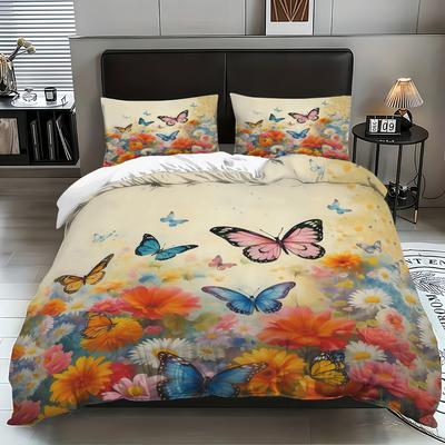 3-teiliges Bettwäscheset ohne Füllung mit Schmetterlingsgarten-Print, verschiedene Größen, geeignet für Schlafzimmer, Studentenwohnheime, bequem, maschinenwaschbar