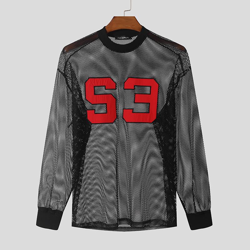INCERUN Men Long Sleeve Print Hollow Out Fishnet Loose Sport Tops