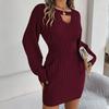 Autumn Winter Women's V-neck Sweater Dress Solid Color Hollow-out Lantern Sleeves Knitted Bodycon Dress