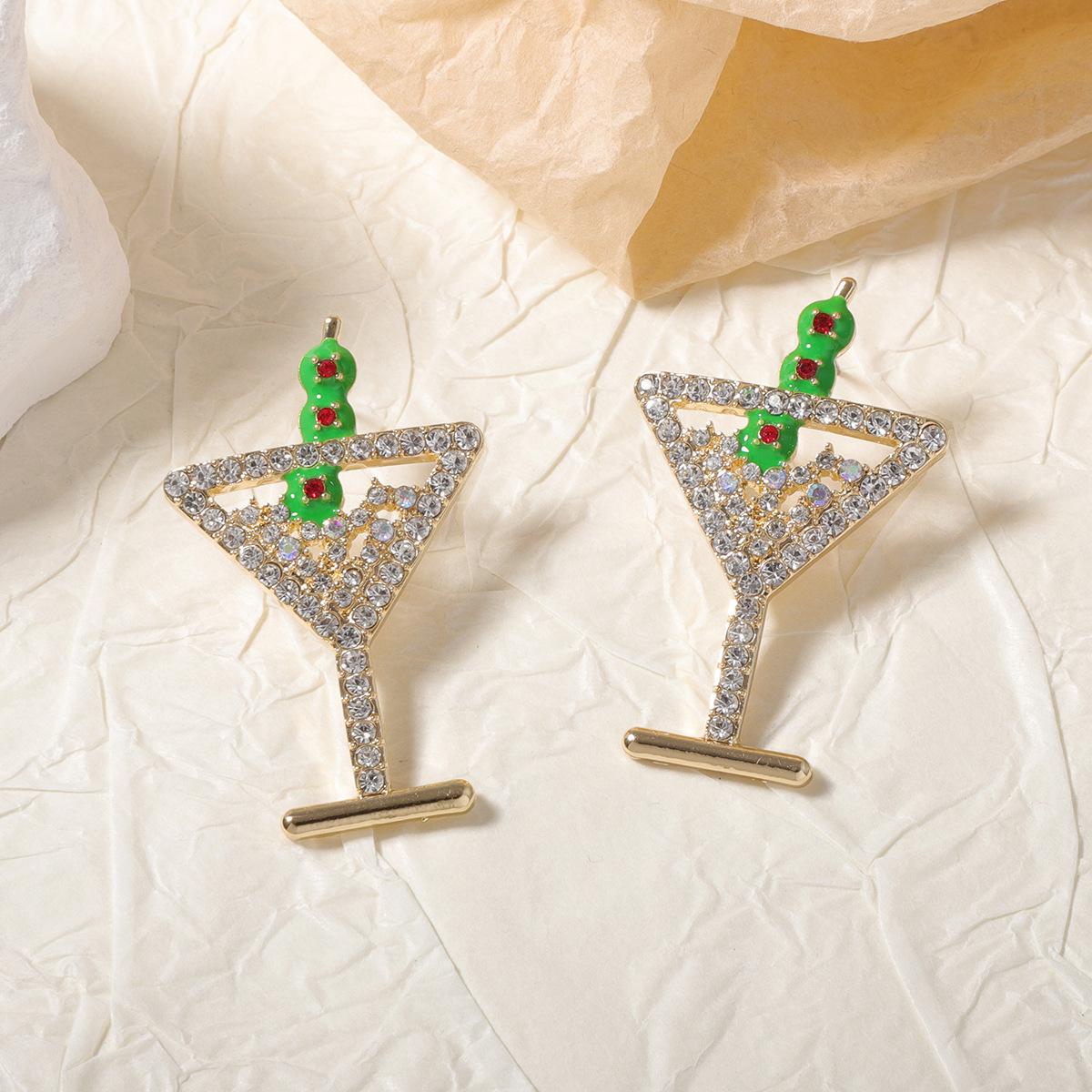 Cross-border creative personality alloy full diamond champagne glass stud earrings fashion simple trend fruit cocktail earrings women