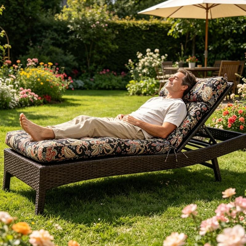 Garden Chair Pad with High Back Headrest, Tufted Outdoor Form and Seat Anchors 125 x 55 cm for Porch Use Daily
