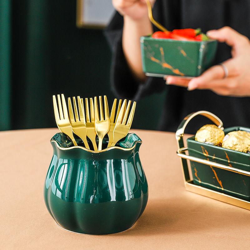 6pcs Fork and Storage Jar Set Simple Ceramic Stainless Steel Fruit Fork Set Dessert Fork Tableware Practical Kitchenware
