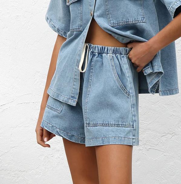 2025 Spring/Summer Women's Retro Casual Denim Short-Sleeve Shirt and Shorts Set