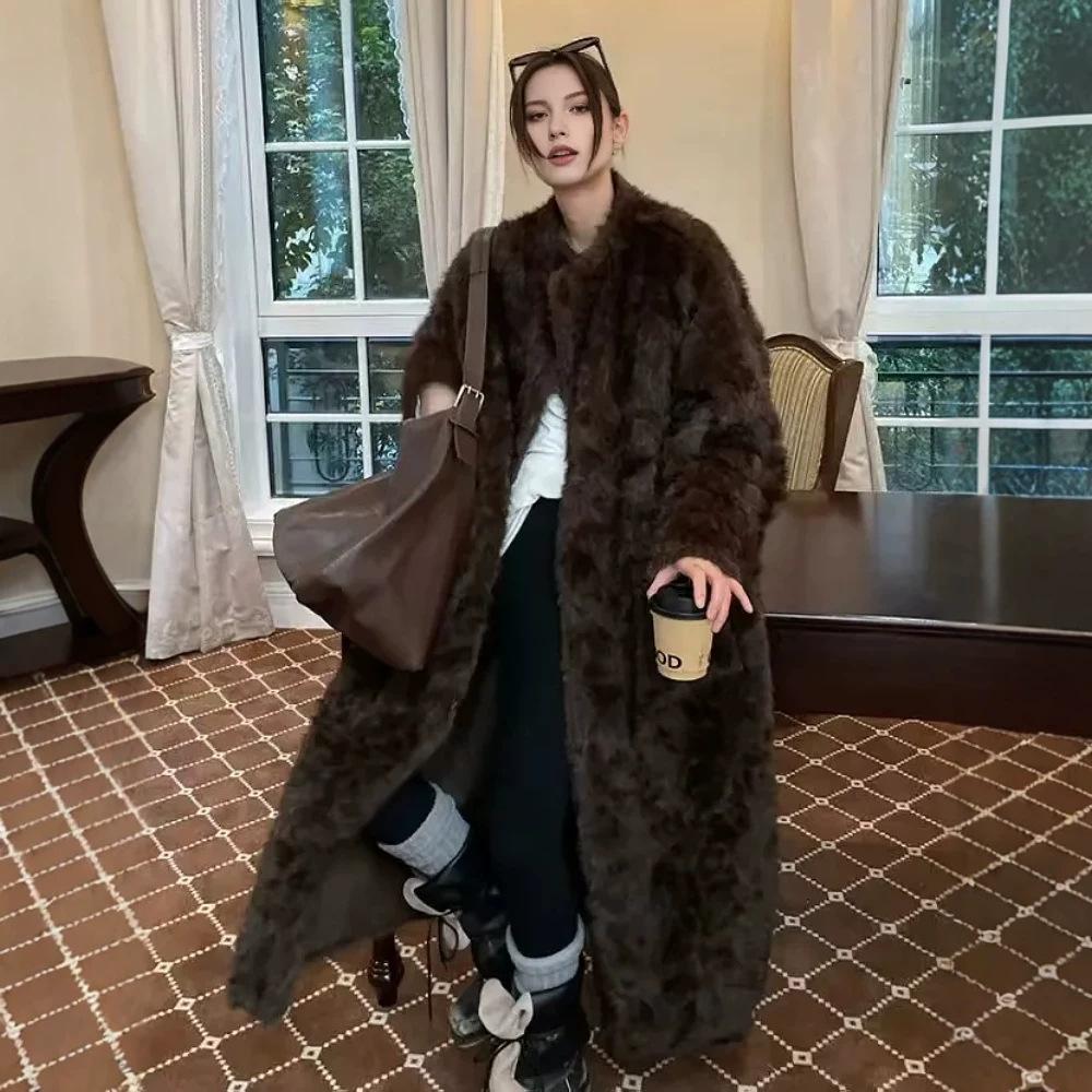 Fur integrated V-neck double-sided wearable coat extended winter coat to keep warm new environmentally friendly fur