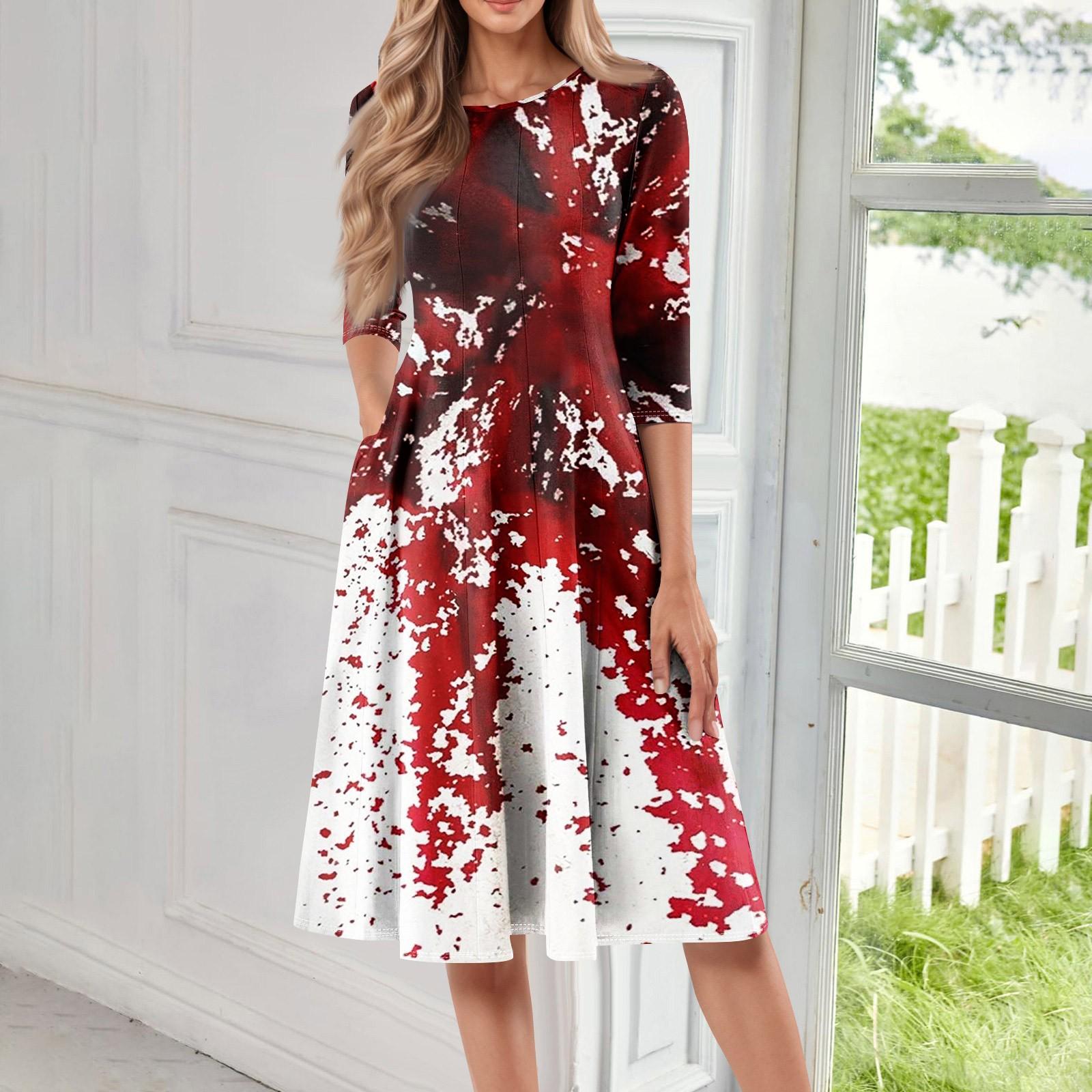 

Женское повседневное модное миди-платье с круглым вырезом, рукавом три четверти и принтом на Хэллоуин XXL красный