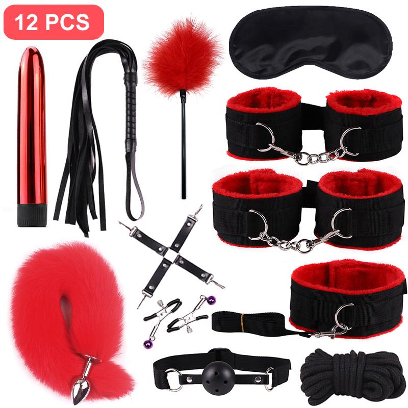 BDSM Kits Adults Sex Toys for Couples Handcuffs Nipple Clamps Spanking Paddle Sex Metal Anal Plug Vibrator Slave Bondage