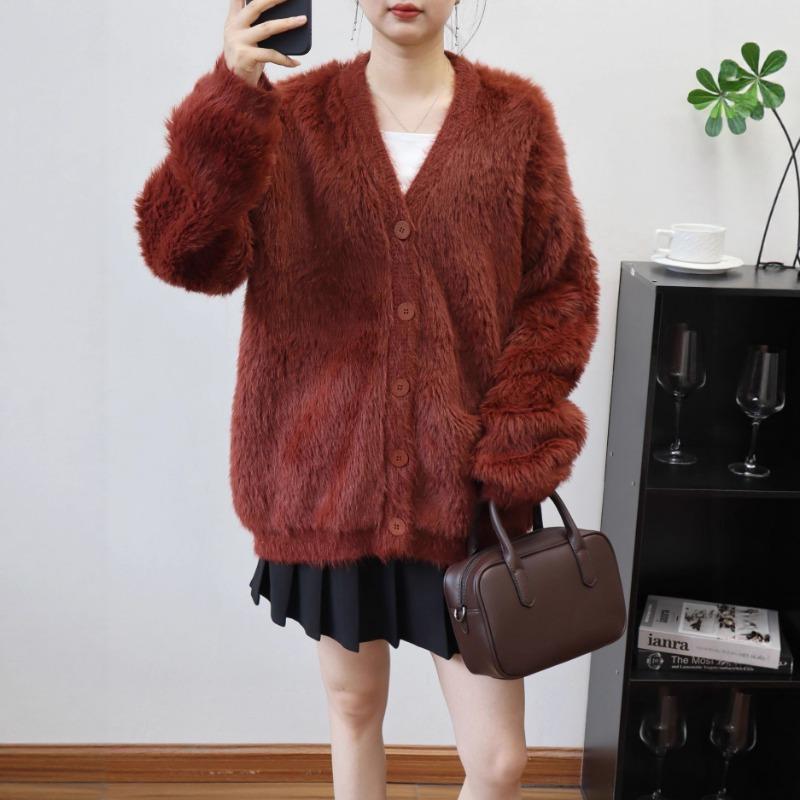 V-neck imitation mink velvet knitted cardigan autumn and winter new loose and gentle wind soft waxy sweater jacket women