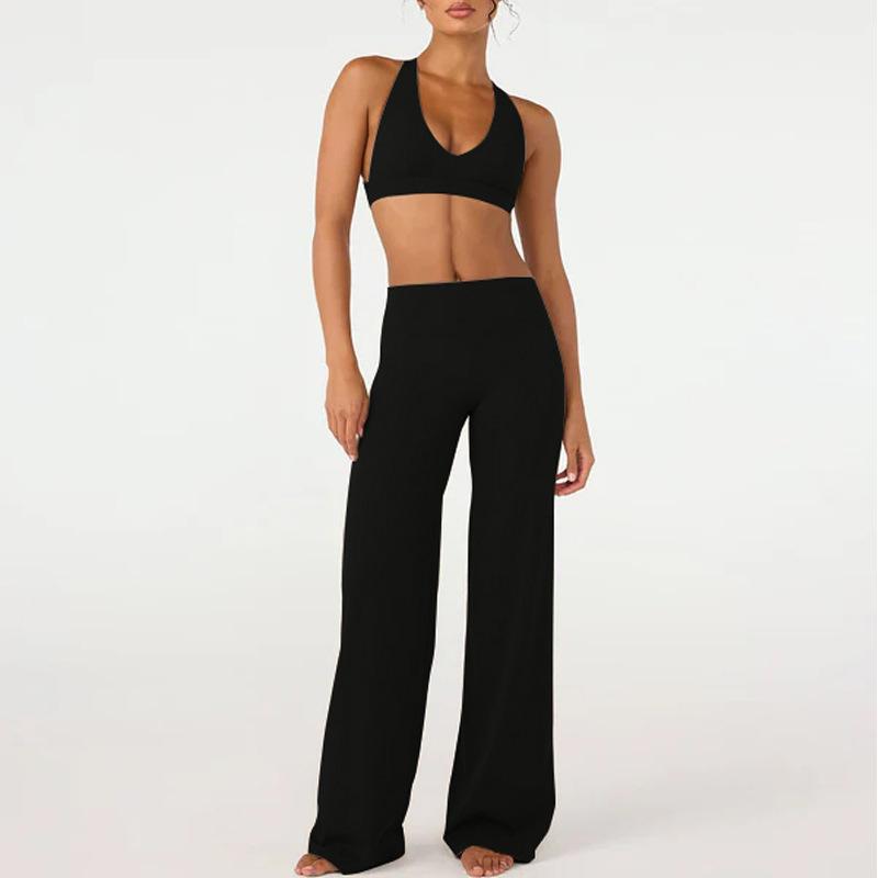 European and American yoga clothes set women gather beautiful back sports underwear nude high waist fitness clothes straight pants set