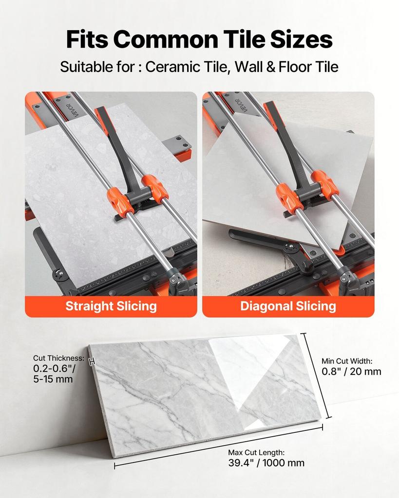 1000 mm Manual Tile Cutter, Upgraded Sliding Head Cutting Tool with Spring-Loaded Base, Angle Fence, Tungsten Carbide Cutting Wheel, Alignment Guide,