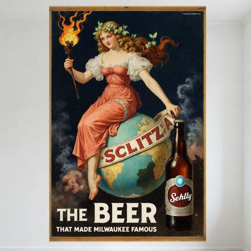 Vintage Schlitz Beer Metal Tin Sign, Classical Style Globe & Red-Haired Woman Torch,  The Beer That Made Milwaukee Famous  Retro 20x30cm（7.8x11.8inch）