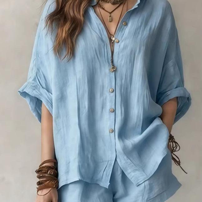 European and American Cross-border Foreign Trade Women's Clothing 2026 Summer New Solid Color Loose-breasted Shirt Shorts Fashion Casual Suit