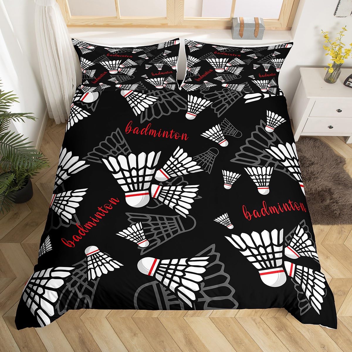 

Badminton Duvet Cover Set Kids Badminton Sports Bedding Set Boys Girls Room Decor Ball Games Pattern Black Comforter Cover Sets EU Single(135*200cm)3pcs