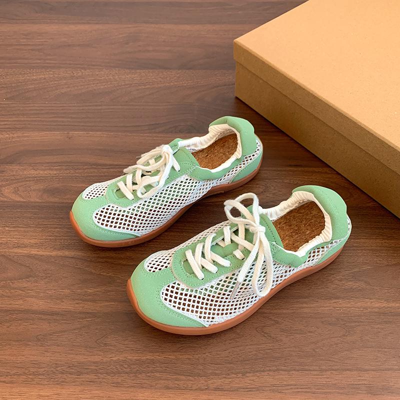 Fashion Flat Ballet Mesh Single Shoes Summer New Round Toe Spliced Front Lace-Up Lightweight Versatile Breathable Sneakers