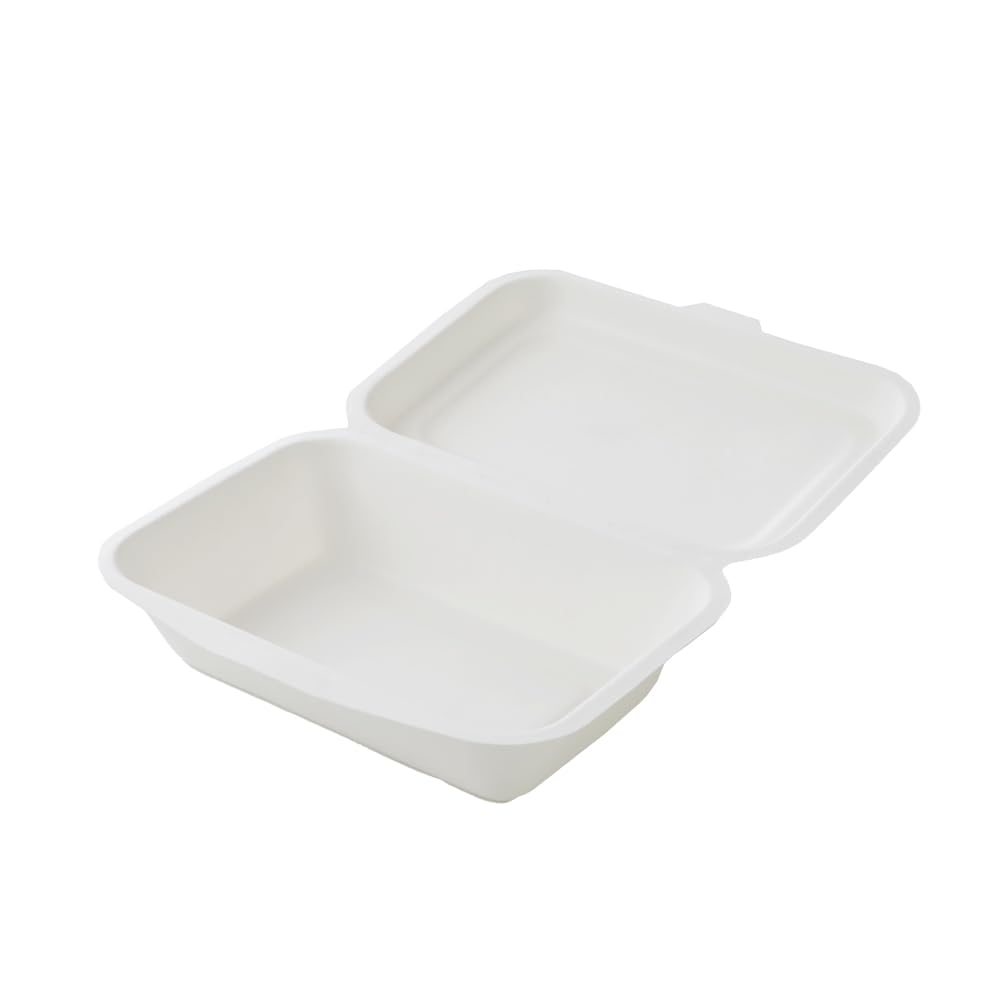ECO&BASIC Disposable Lunch Boxes, 450ml, White, Pack of 50, Microwaveable, Takeout, Bagasse, Durable, Stain-Resistant, Eco-Friendly, Plant-Based,