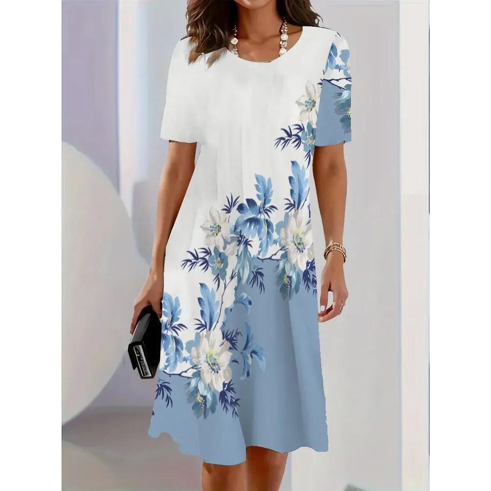 Fashion Versatile Flower Print Dress Casual Loose Comfortable Casual Dresses S