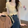 Short Ice Silk Knitted Short Sleeve T-shirt for Women Summer Round Neck Thin Hollow Open Slim Fit Short Shoulder Top